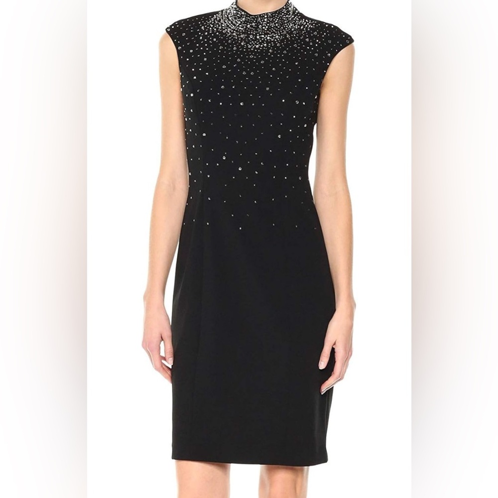 New Eliza J Black Embellished Mock Neck Sheath Dress Sz 4